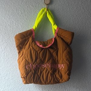 Brown Quilted Tote Bag with Neon Accents
